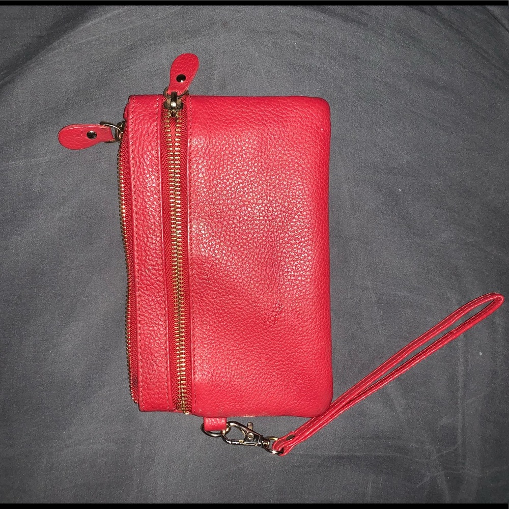 Handmade red leather wristlet